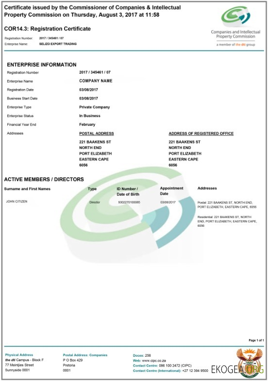 Certificat d'enregistrement en Afrique du Sud 1 template